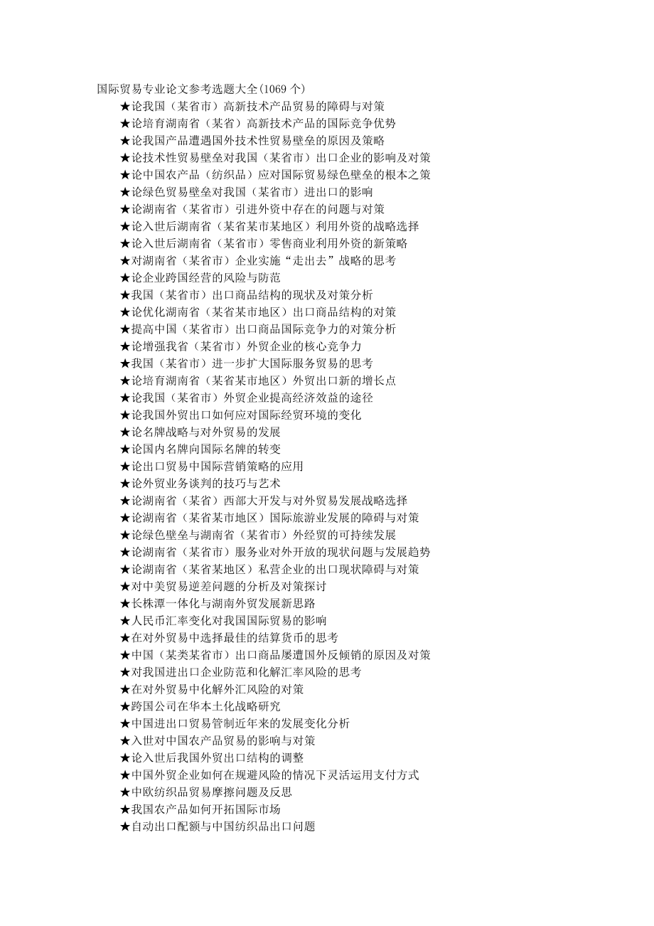 国际贸易专业论文参考选题大全(1069个).doc_第1页