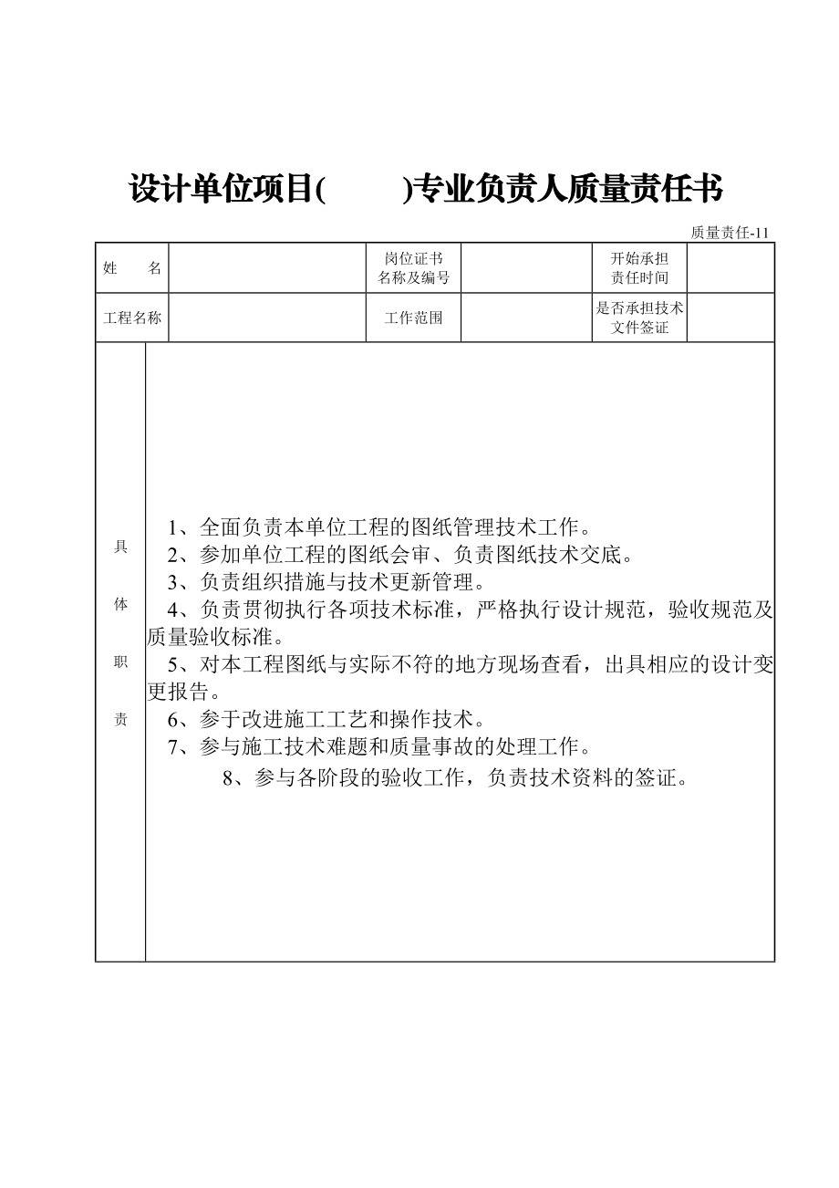 设计单位项目( )专业负责人质量责任书.doc_第1页