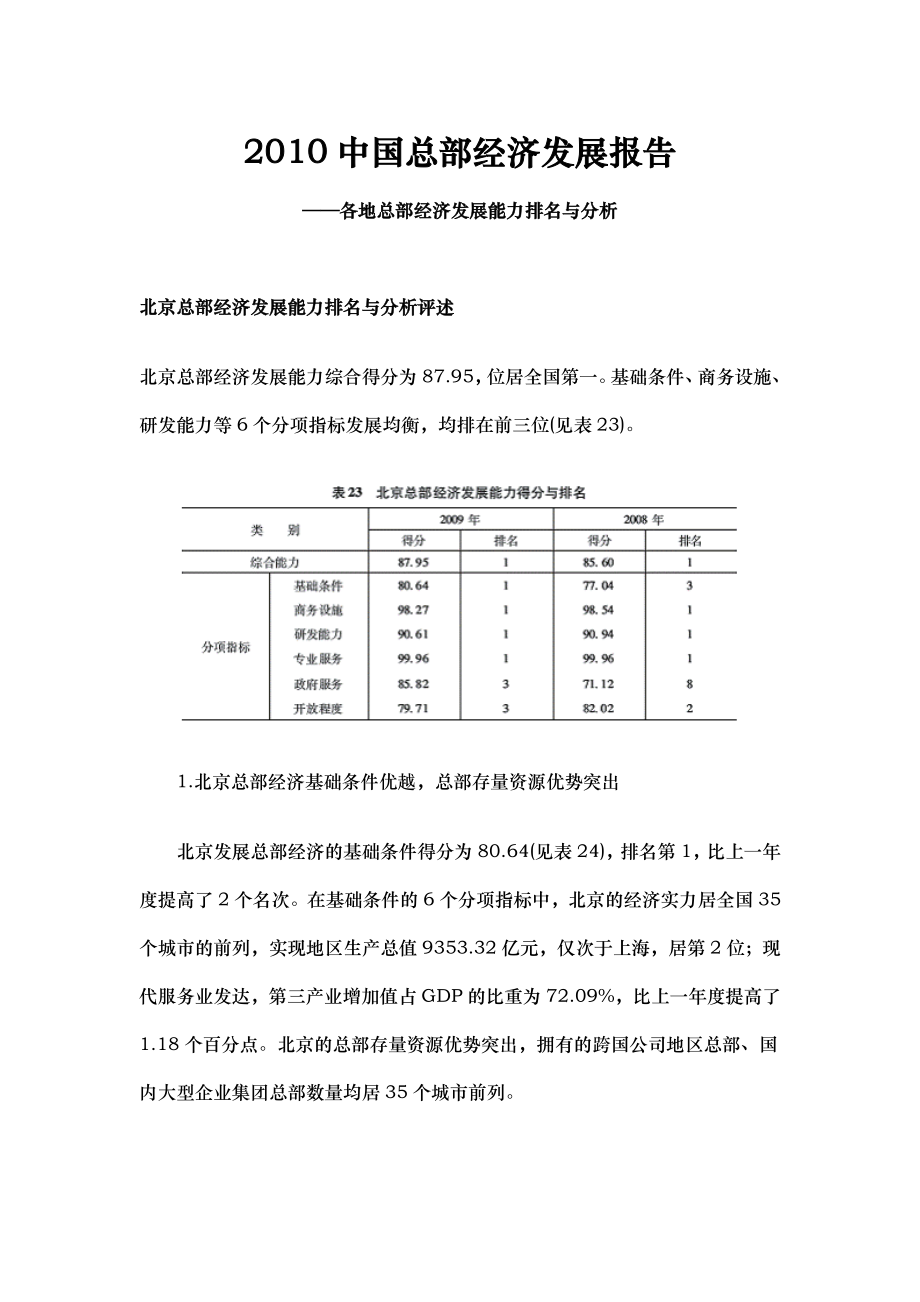 中国总部经济发展报告——各地总部经济发展能力排名与分析.doc_第1页