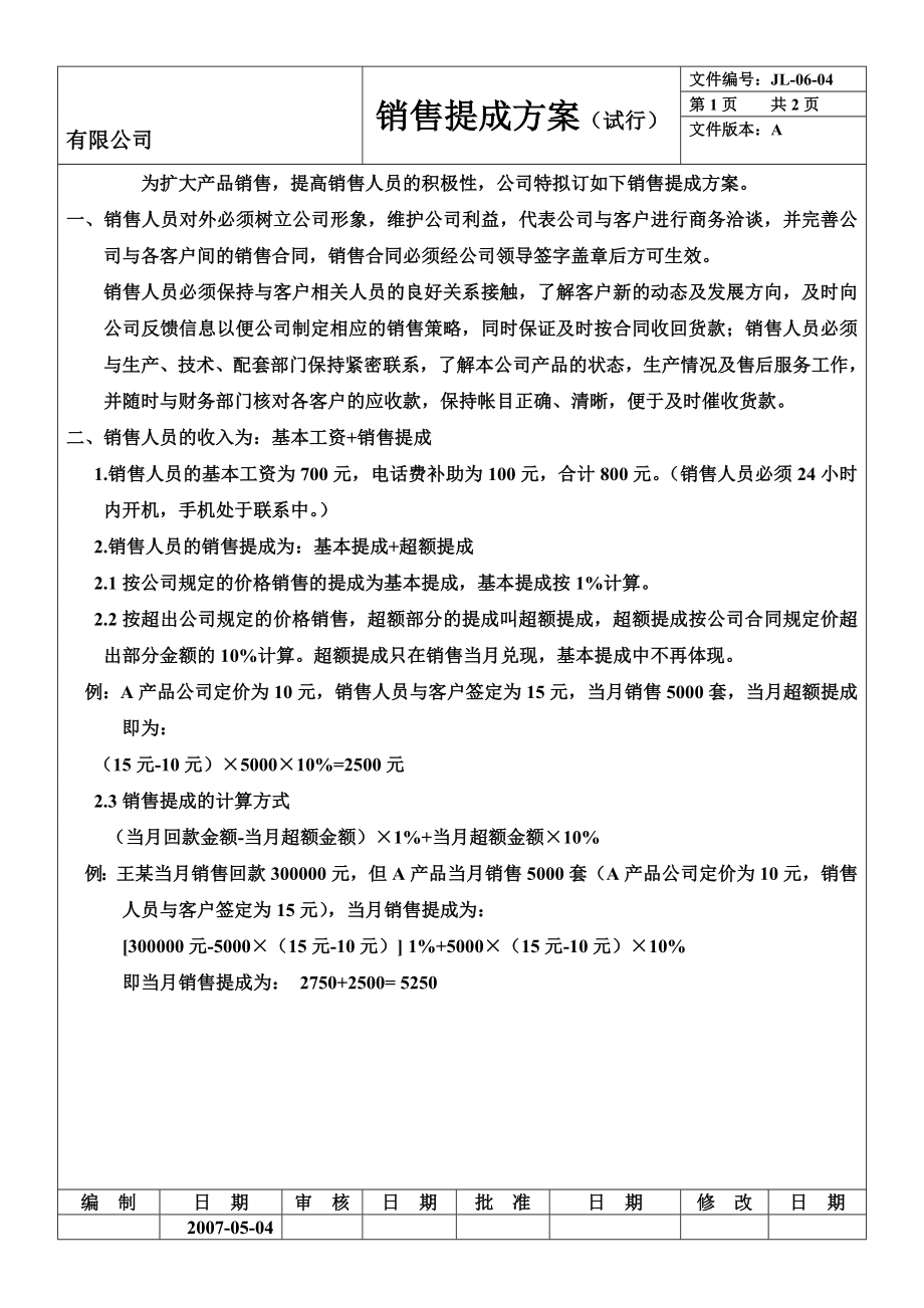 精品企业销售提成方案.doc_第1页