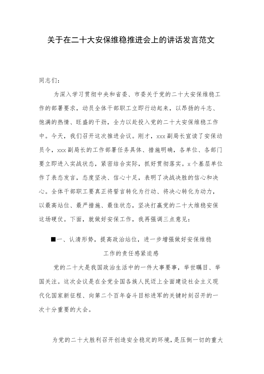 关于在二十大安保维稳推进会上的讲话发言范文.docx_第1页