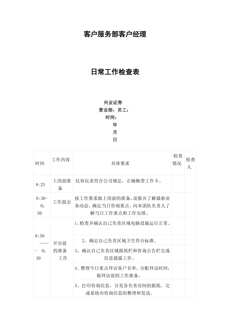 客户服务部客户经理日常工作检查表.doc_第1页