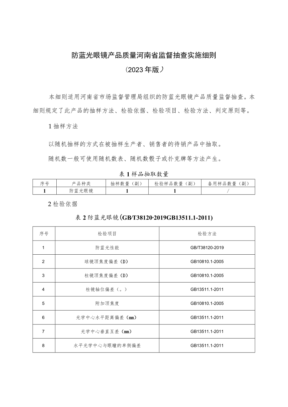 防蓝光眼镜产品质量河南省监督抽查实施细则（2023年版）.docx_第1页