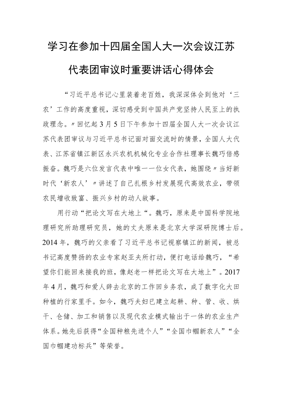 （3篇）党员干部学习领会在参加十四届全国人大一次会议江苏代表团审议时重要讲话精神心得感想研讨发言材料.docx_第1页