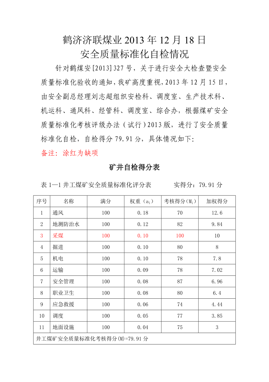 煤业公司安全质量标准化自检情况.doc_第1页