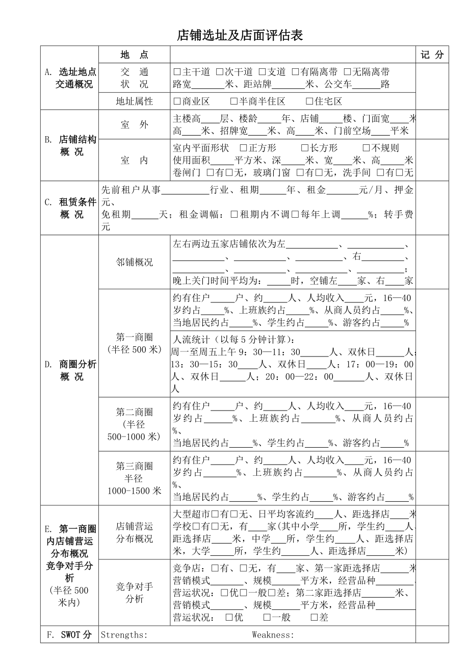 店铺选址及店面评估表.doc_第1页