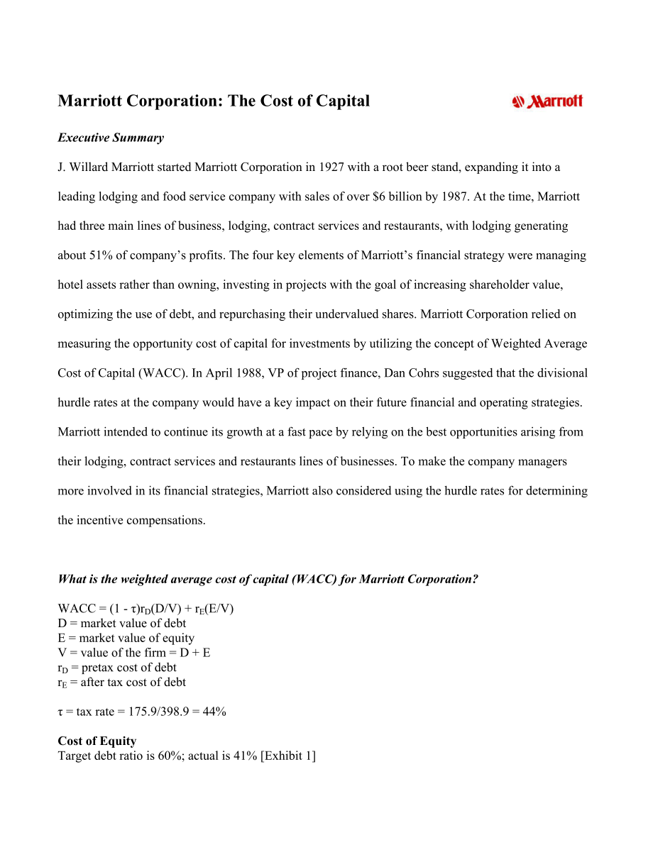 Marriott Corporation The Cost of Capital：万豪公司资本成本.doc_第1页