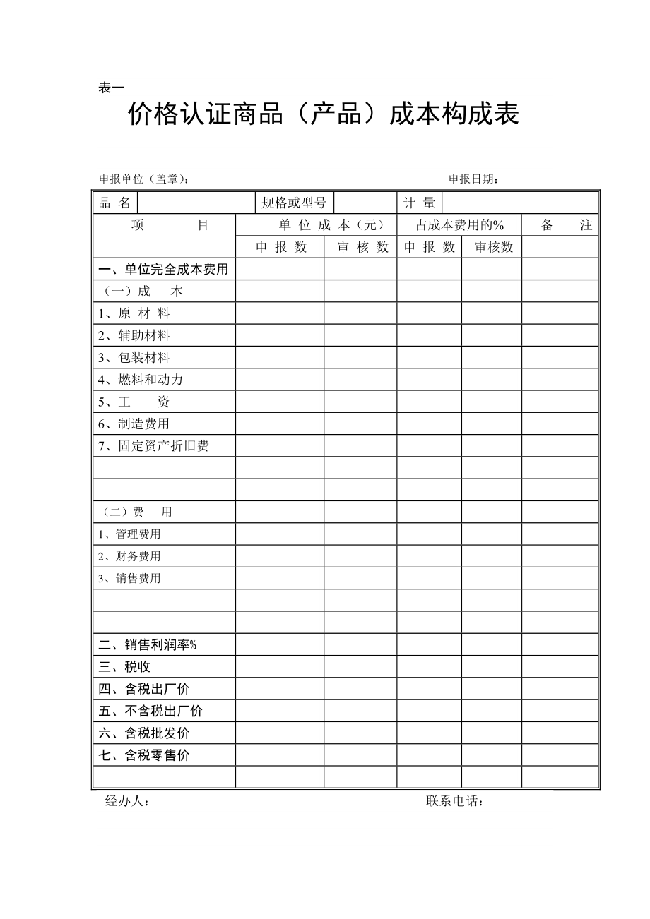 价格认证商品(产品)成本构成表.doc_第1页