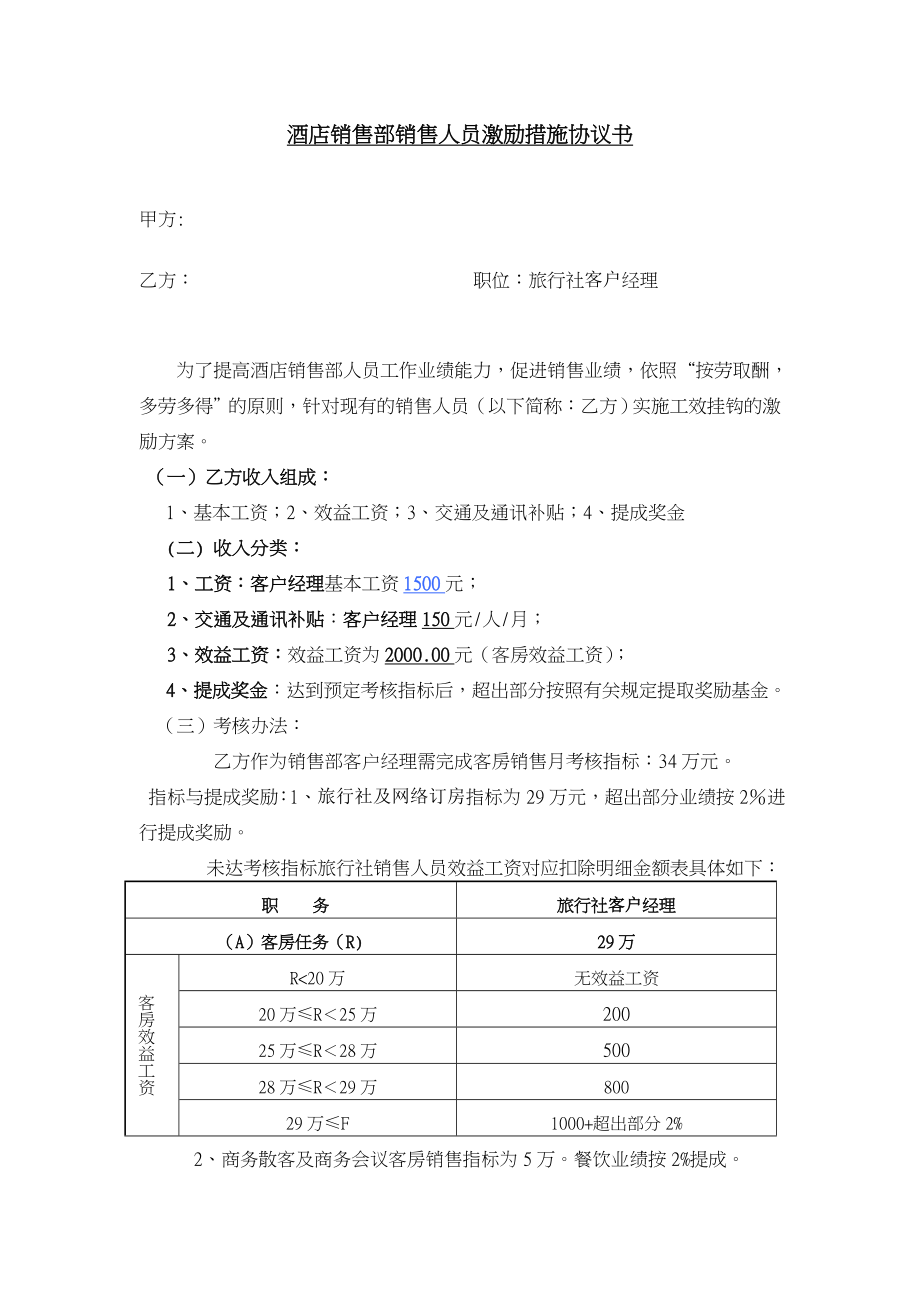 416459酒店销售部销售人员激励措施协议书(旅行社客户经理) ccdove.doc_第1页