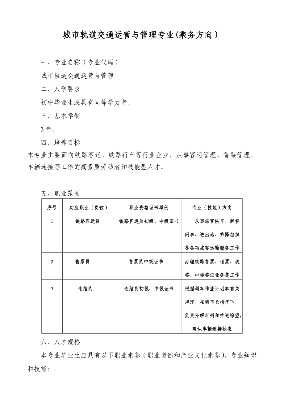 中专 城轨道交通运营与管理专业(乘务方向).doc_第1页