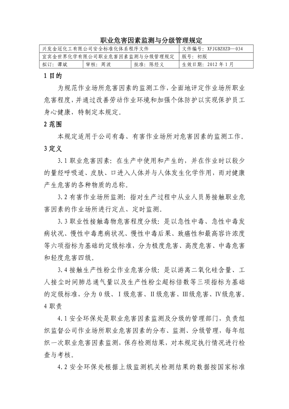 职业危害因素监测与分级管理规定 化工有限公司安全标准化程序文件.doc_第1页