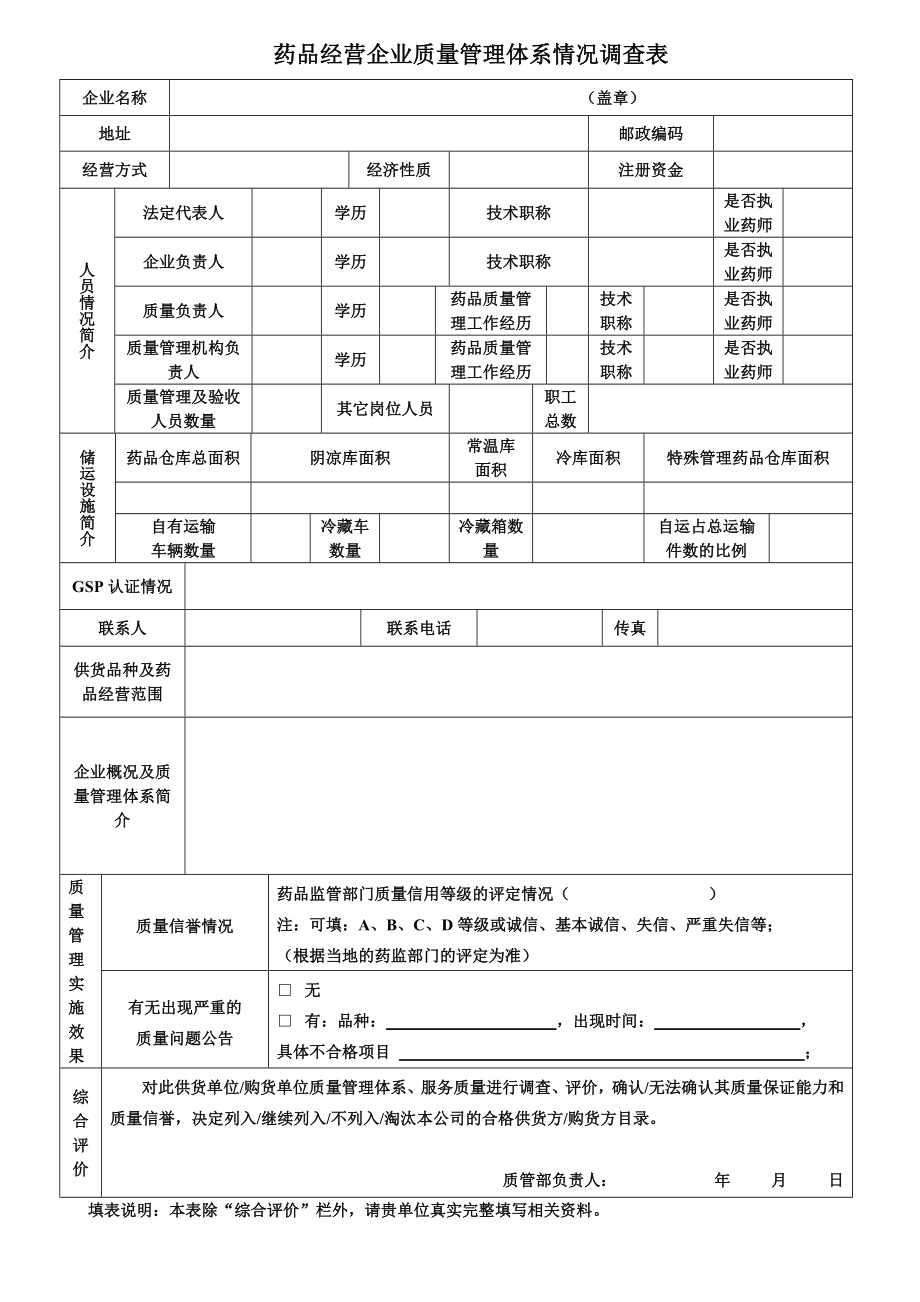 药品经营企业质量管理体系情况调查表.doc_第1页