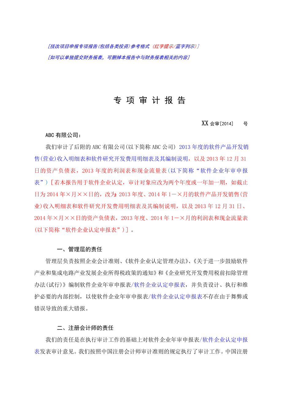 软件企业审或认定专项审计技术文档()之软件企业认定专项审计报告模板().doc_第1页