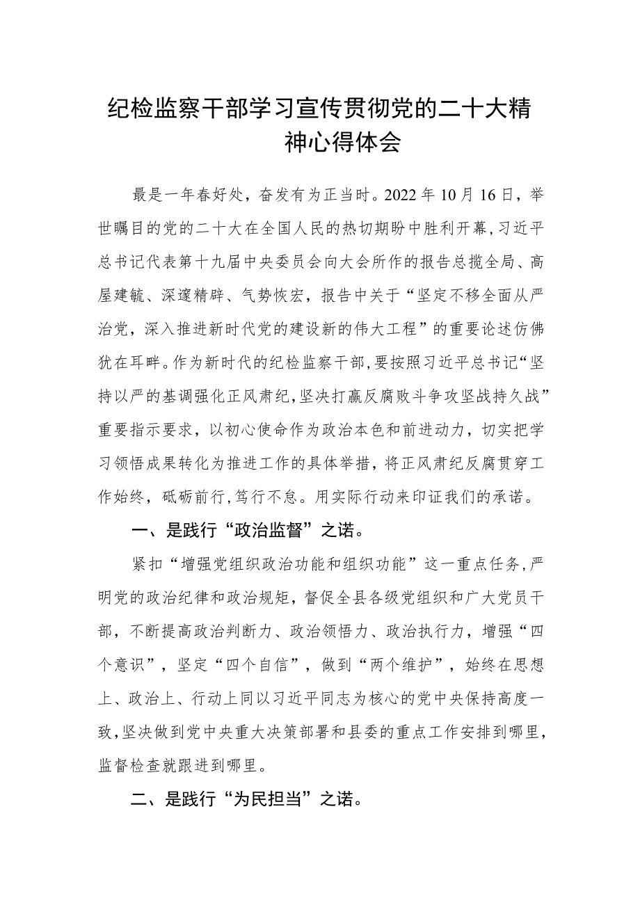 纪检监察干部学习宣传贯彻党的二十大精神心得体会.docx_第1页