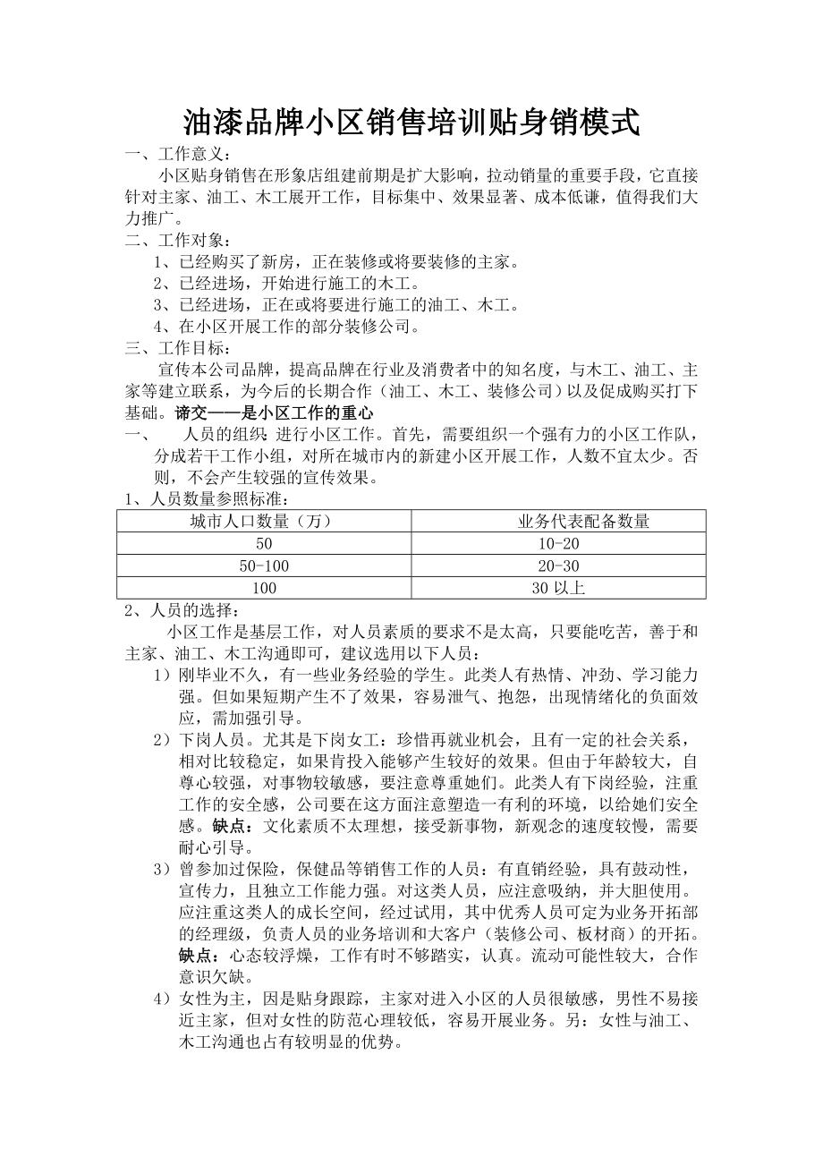 油漆品牌小区销售培训贴身销模式.doc_第1页