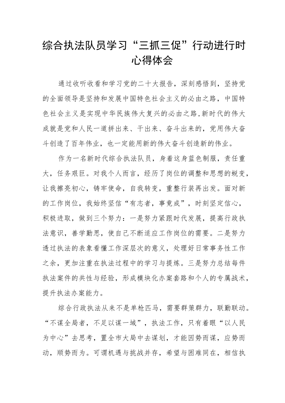 综合执法队员学习“三抓三促”行动进行时心得体会.docx_第1页