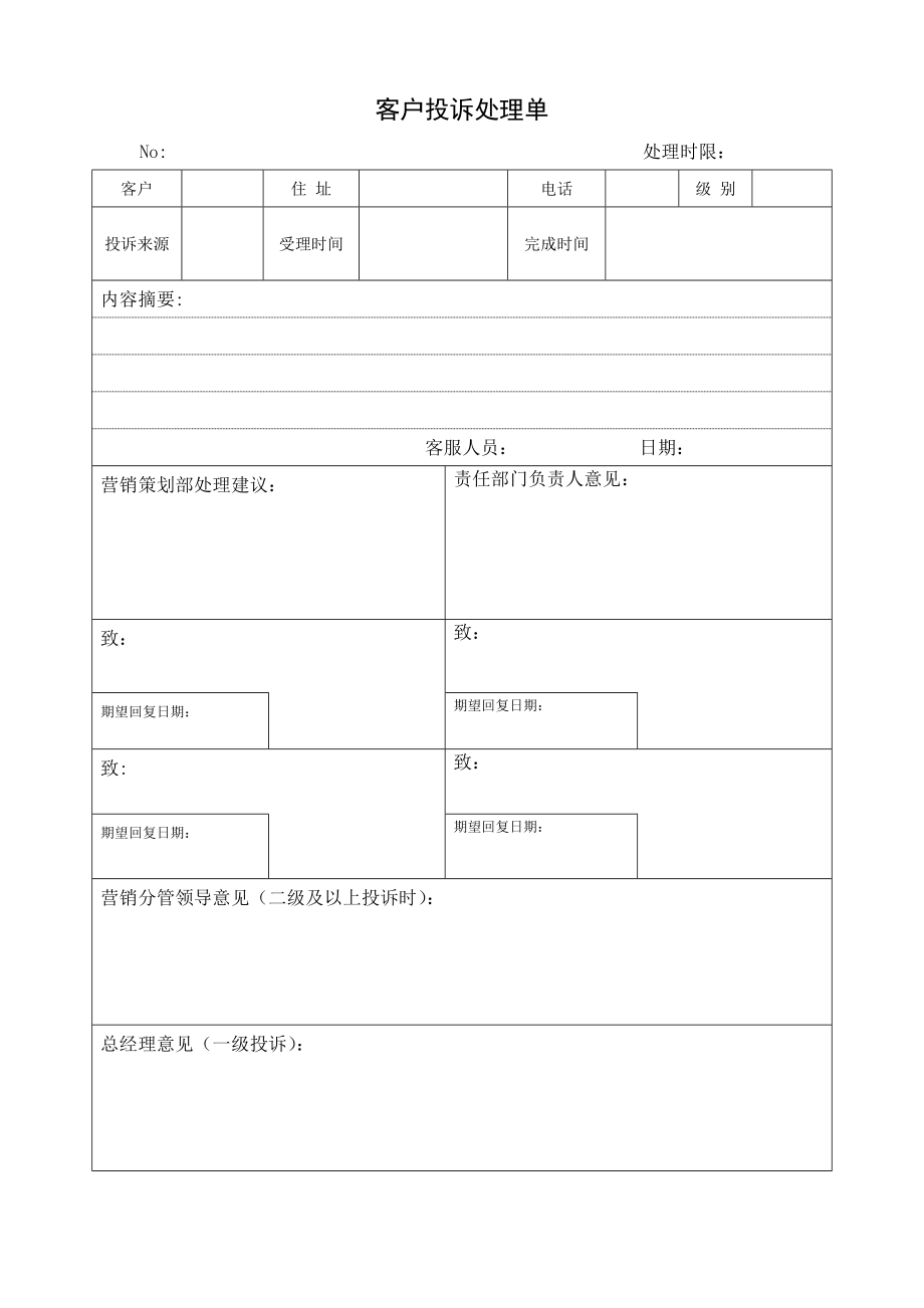 房地产客服管理—客户投诉处理单.doc_第1页