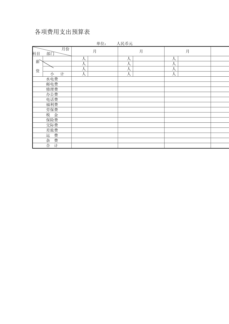 各项费用支出预算表（表格模板、DOC格式）.doc_第1页