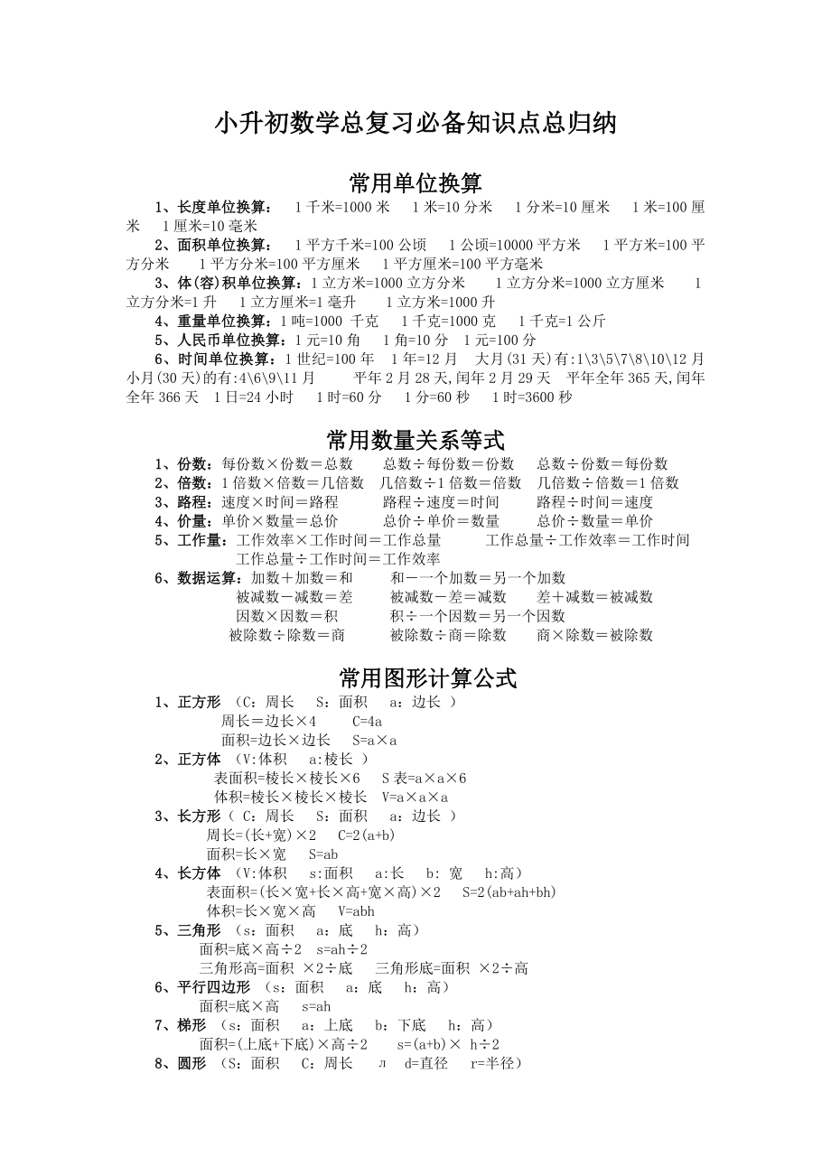 小升初数学总复习总归纳(必备知识点大全)汇编.doc_第1页