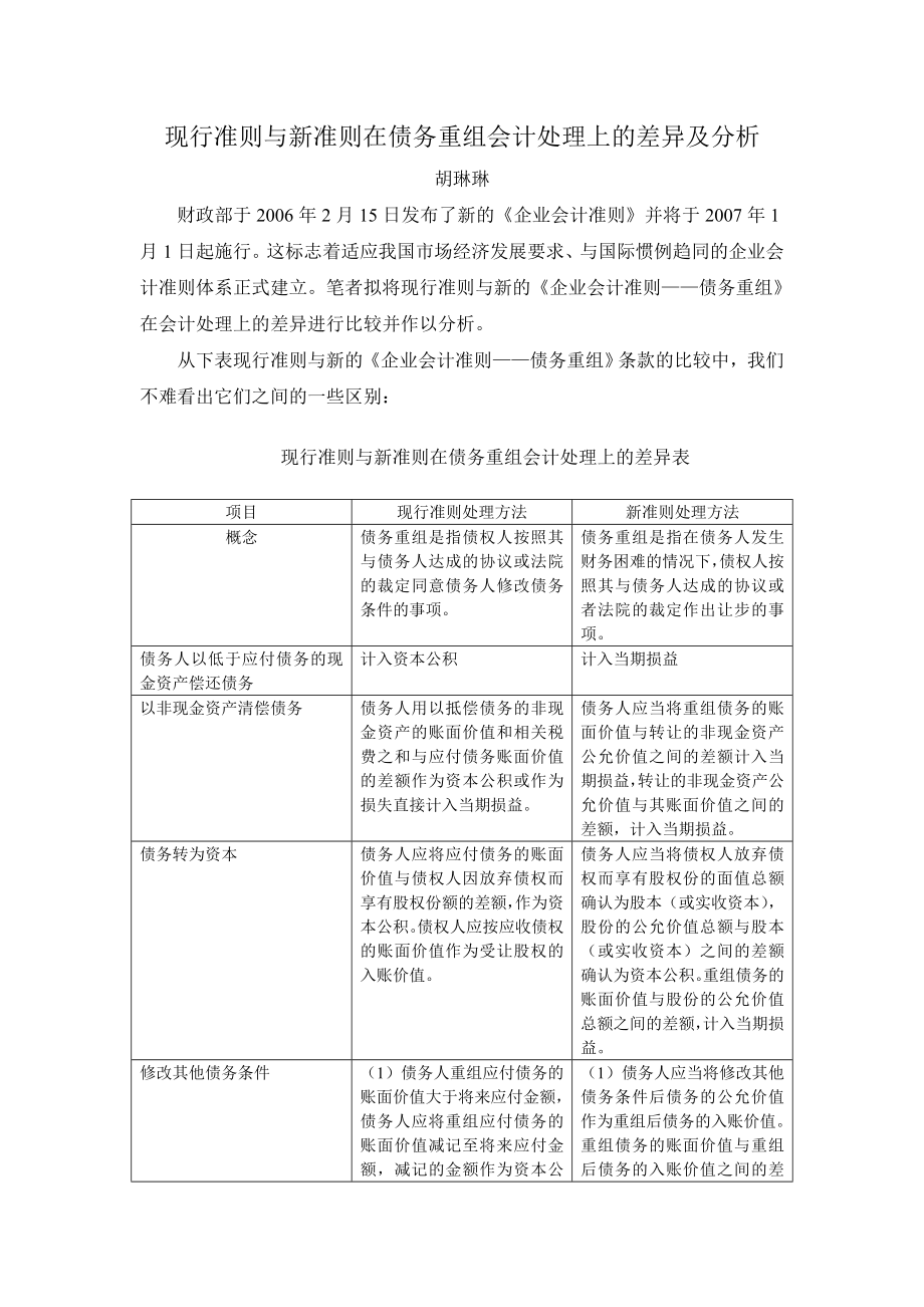 现行准则与新准则在债务重组会计处理上的差异及分析.doc_第1页