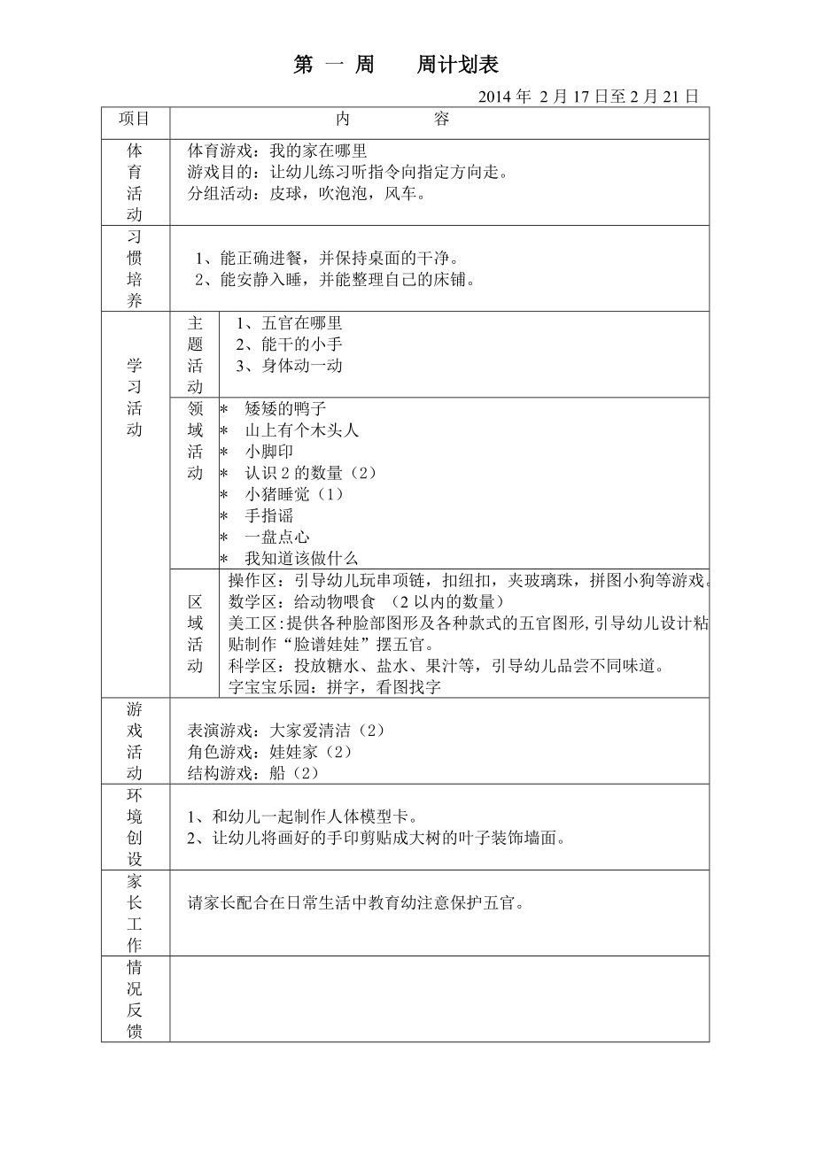 幼儿园小班下学期周计划.doc_第1页