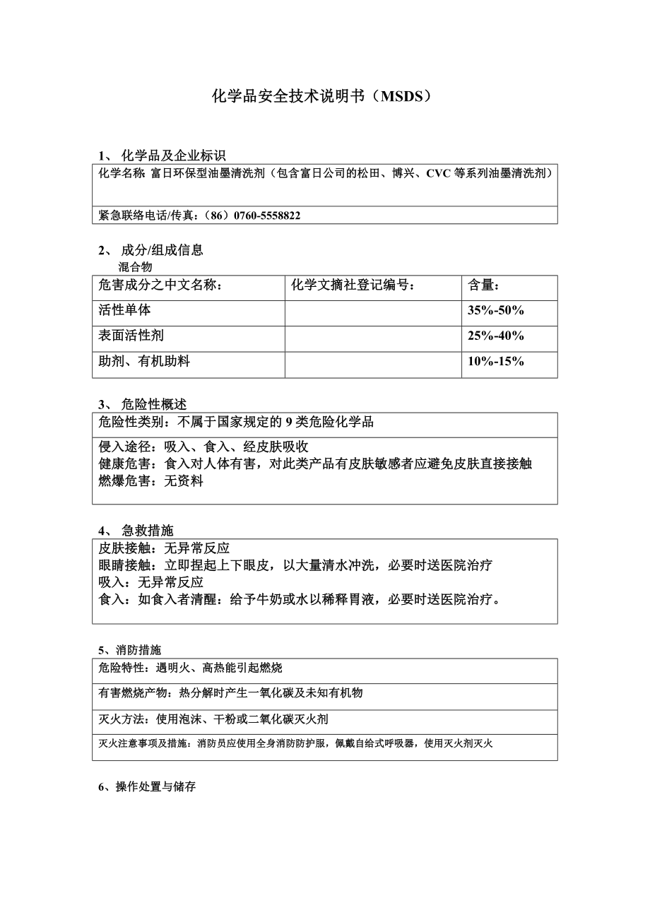 化学品安全技术说明书MSDS(洗车水).doc_第1页