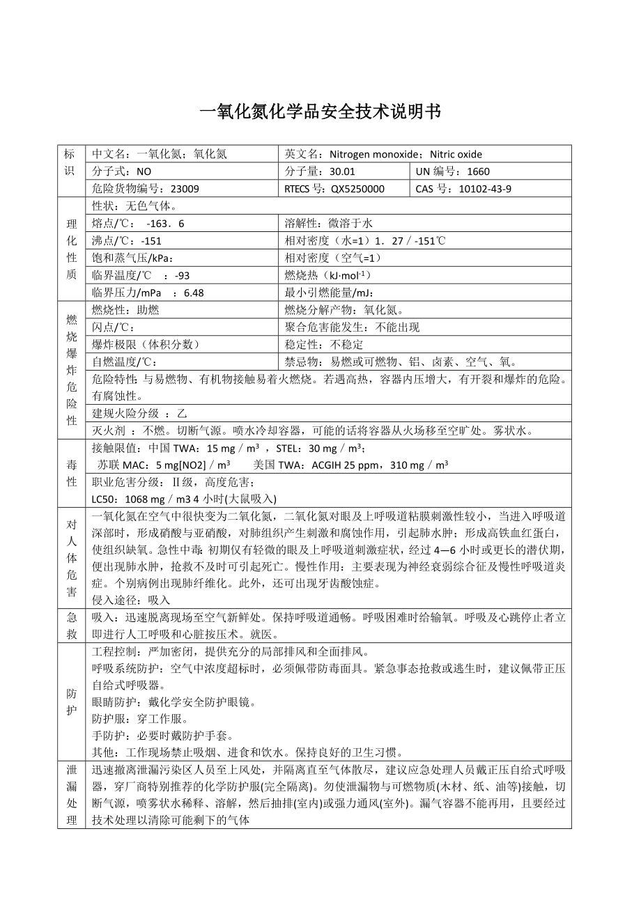 一氧化氮化学品安全技术说明书.doc_第1页