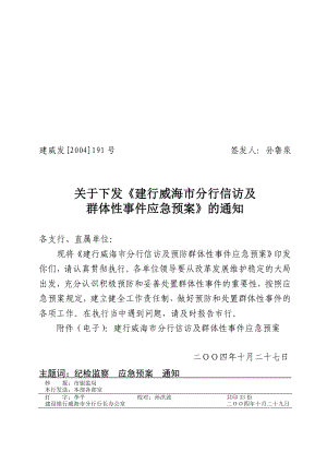 中国建设银行威海市分行信访及群体性事件应急预案.doc