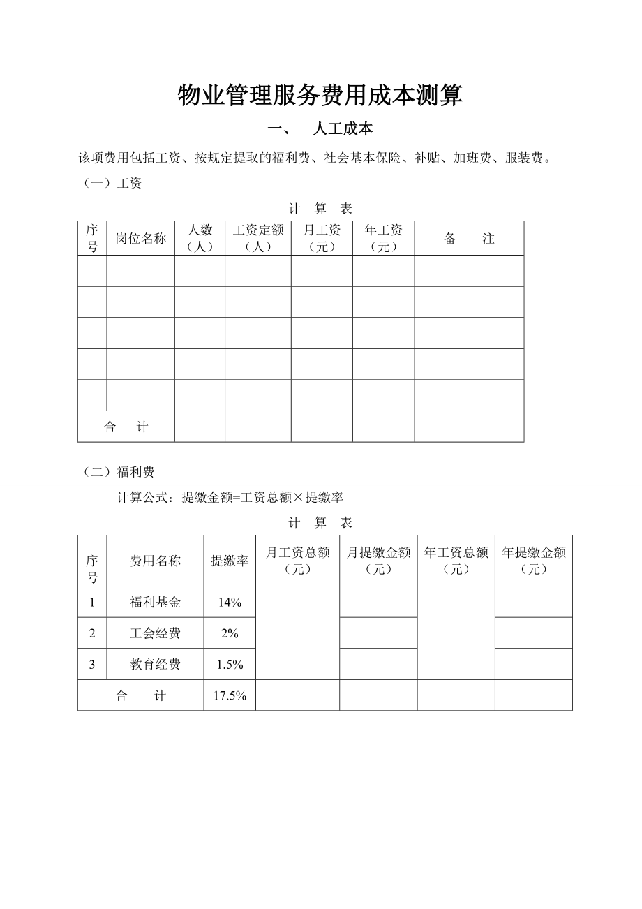 物业管理服务费用成本测算.doc_第1页