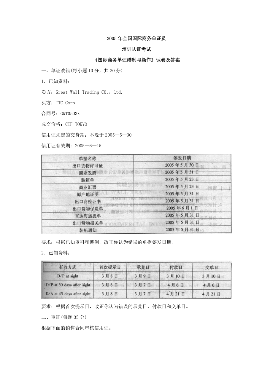 《国际商务单证缮制与操作》试卷及答案.doc_第1页