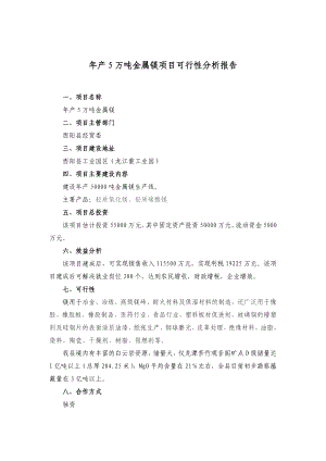 产5万吨金属镁项目可行性分析报告.doc