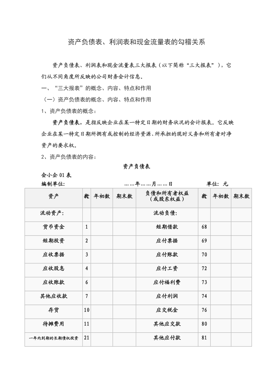 资产负债表、利润表和现金流量表的勾稽关系.doc_第1页