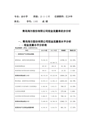 青岛海尔股份有限公司财务报表分析报告现金流量表初步分析.doc