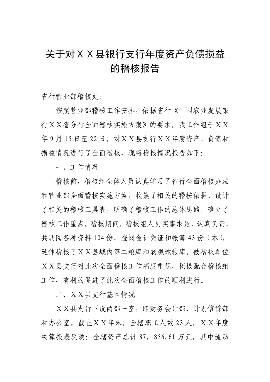 银行支行资产负债损益的稽核报告.doc_第1页