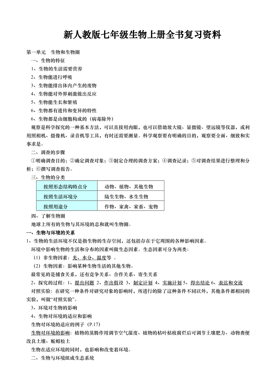 新人教版七年级生物上册全书复习资料.doc_第1页