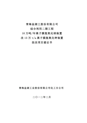 10万吨离子膜氢氧化钠装置改13万ta 子膜氢氧化钾装置 技改项目项目建议书.doc