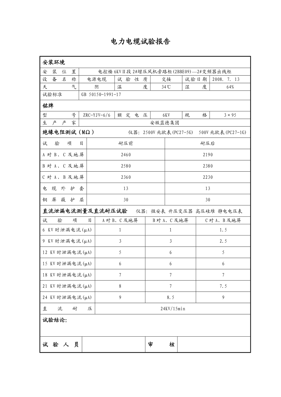 电力电缆试验报告.doc_第1页