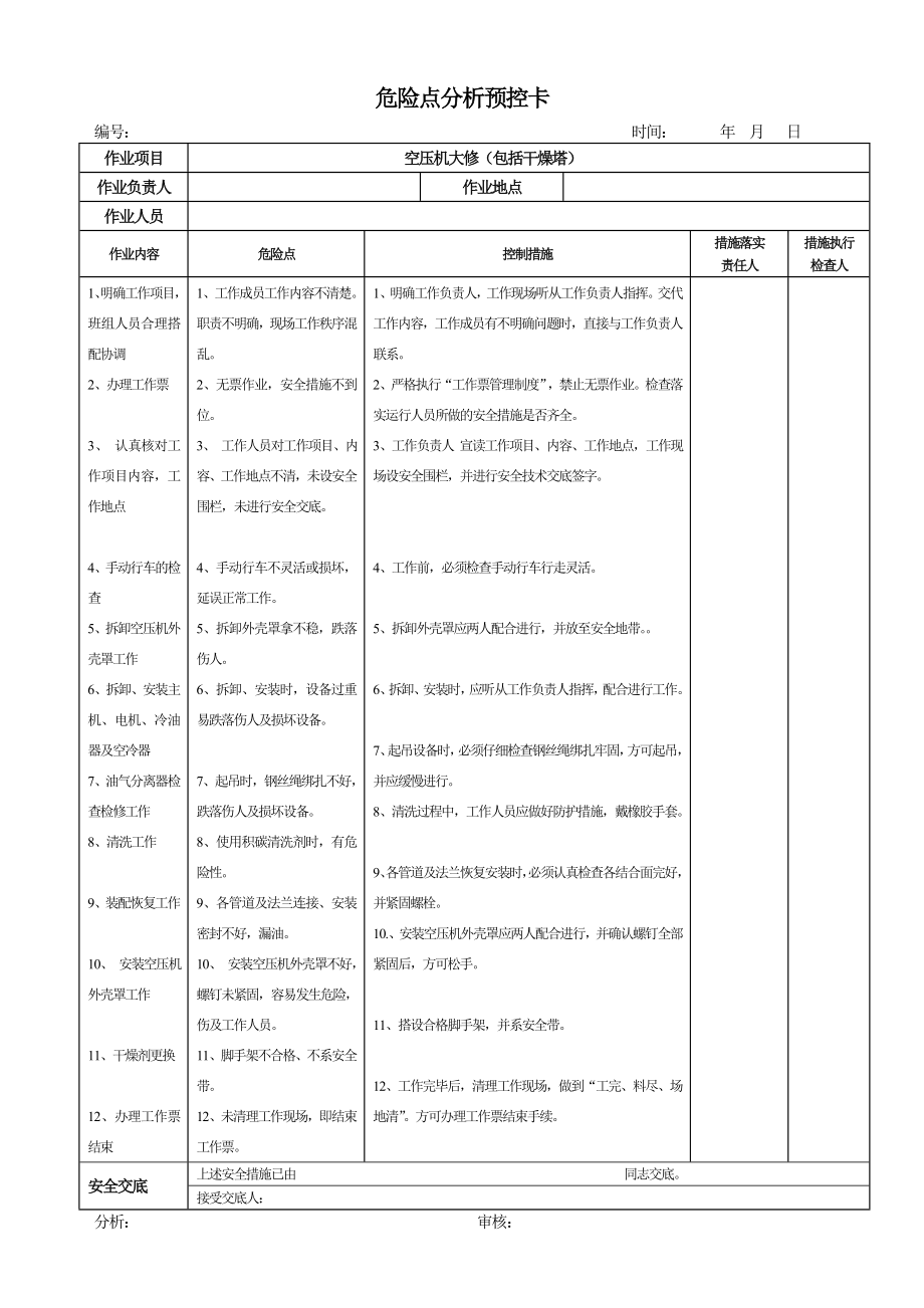 华能火电厂空压机危险点分析预控卡汇编.doc_第1页