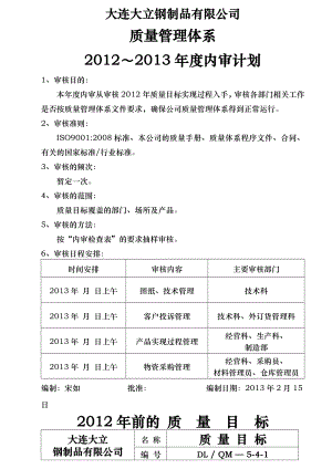 某钢制品公司质量管理体系年度内审计划.doc