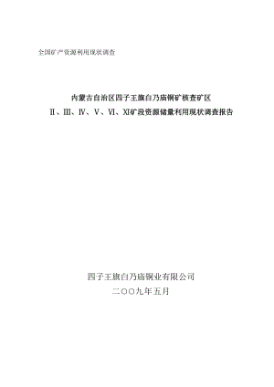 内蒙古自治区四子王旗白乃庙铜矿核查矿区Ⅱ、Ⅲ、Ⅳ、Ⅴ、Ⅵ、Ⅺ矿段资源储量利用现状调查报告.doc