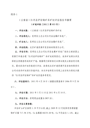 (云南省)红河县炉坊铜矿采矿权评估报告书摘要.doc