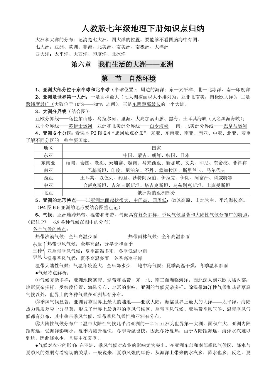 最新人教版七年级地理下册知识点归纳.doc_第1页