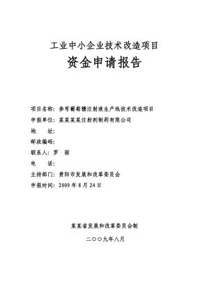 某某参芎葡萄糖注射液生产线技术改造项目资金申请报告（工业中小企业技术改造项目资金申请报告）.doc