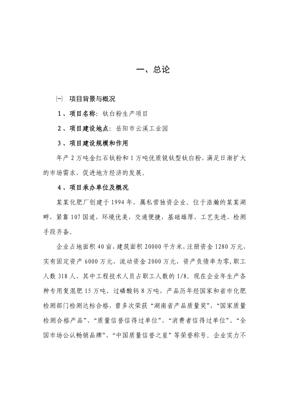 某某公司钛白粉生产项目可行性研究报告（122页优秀甲级资质可研报告） .doc_第1页