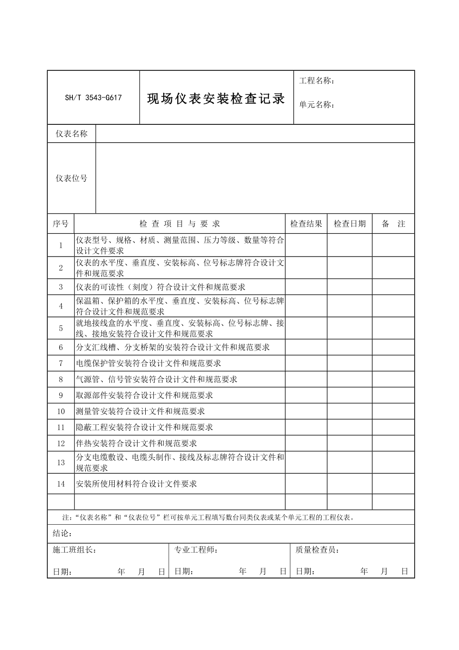 SHT3543石油化工建设工程项目施工过程技术文件规定表格3543G617现场仪表安装检查记录.doc_第1页