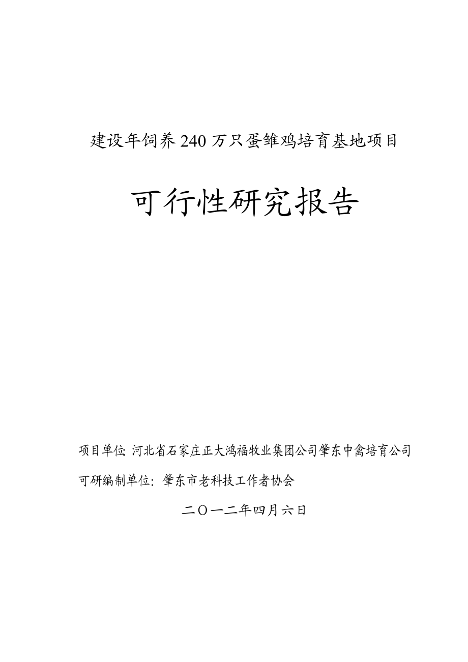 建设饲养240万只蛋雏鸡培育基地项目可行性研究报告.doc_第1页