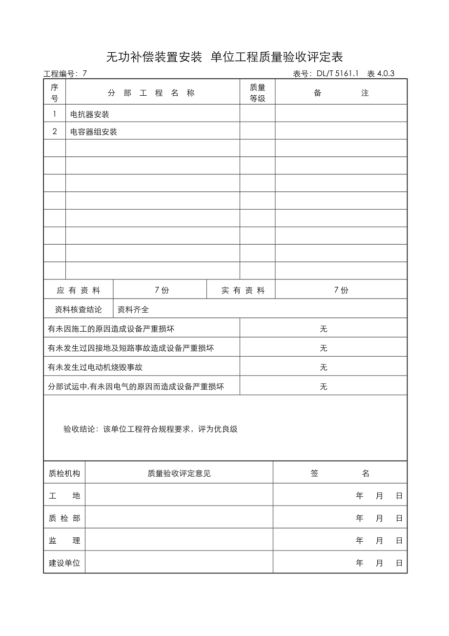 无功补偿装置安装单位工程质量验收评定表.doc_第1页