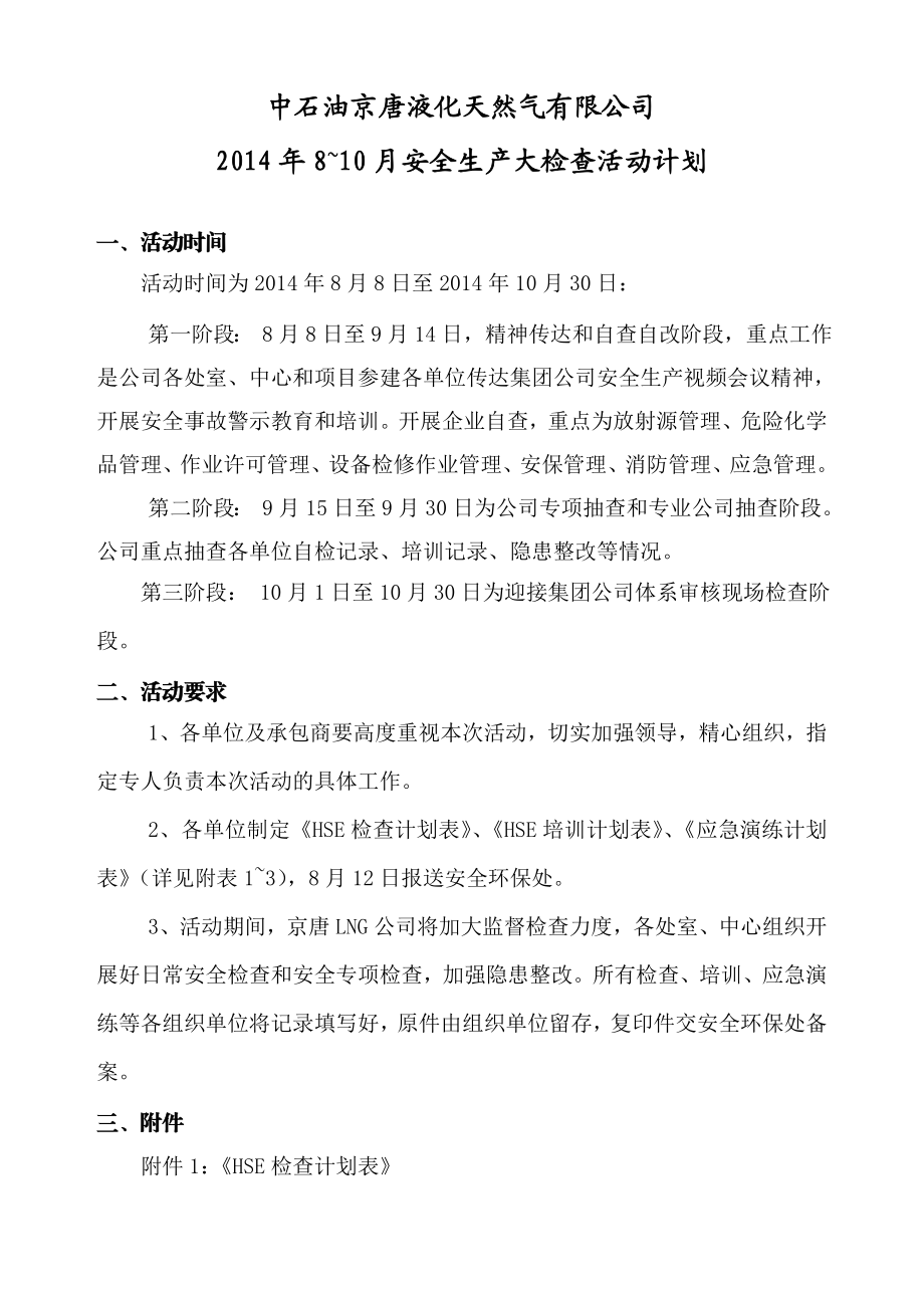 液化天然气有限公司安全生产大检查活动计划.doc_第1页