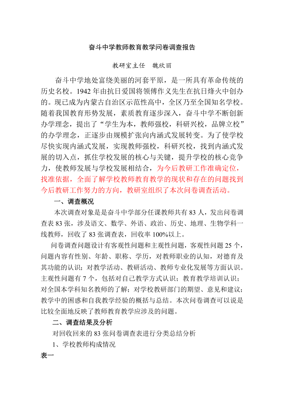 教师教育教学问卷调查报告(金典版).doc_第1页