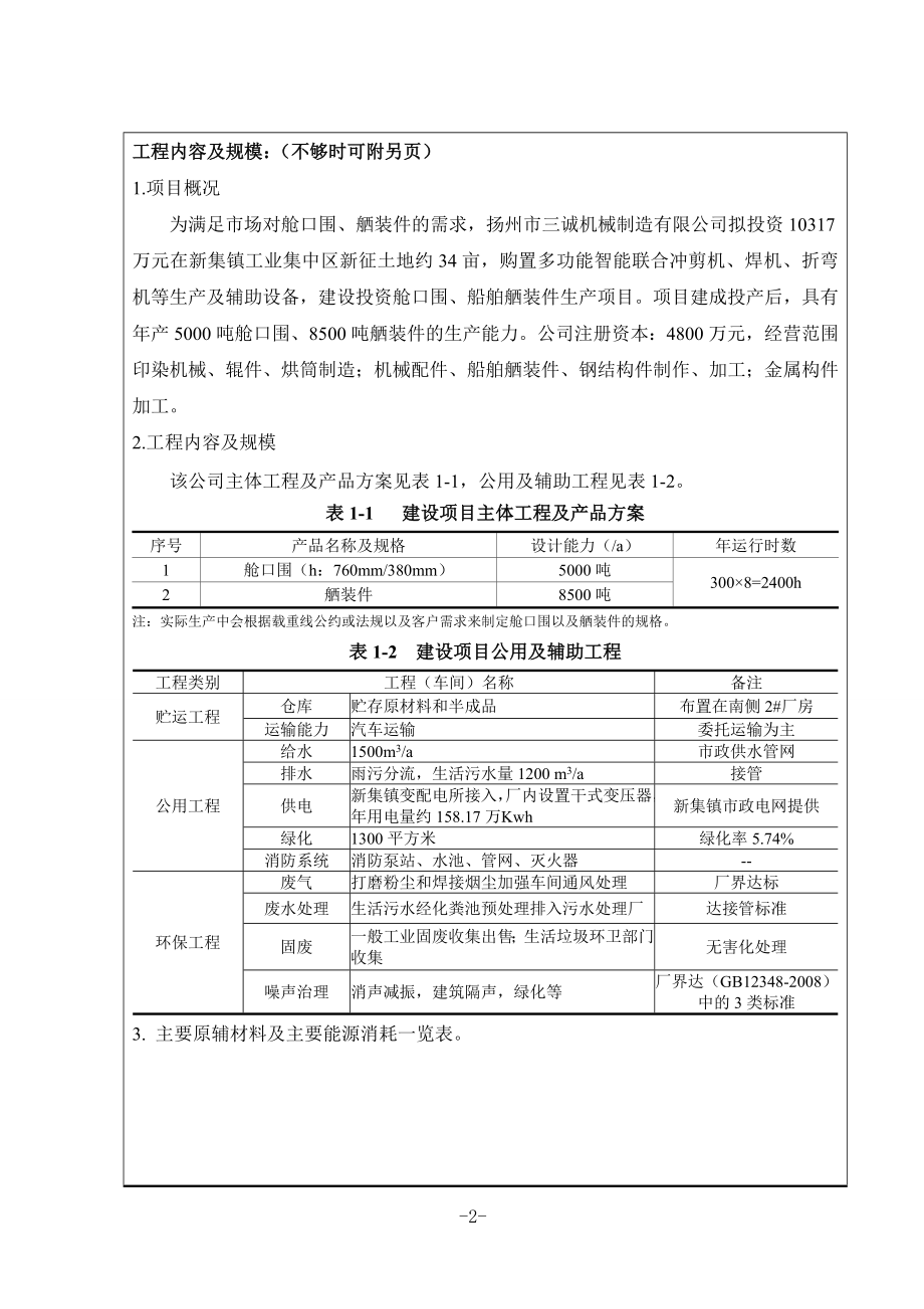 环境影响评价报告全本公示简介：1新建产5000吨舱口围及8500吨船舶舾装件项目仪征市新集镇工业集中区扬州市三诚机械制造有限公司南通天虹环境科学研究所有限公司.doc_第2页